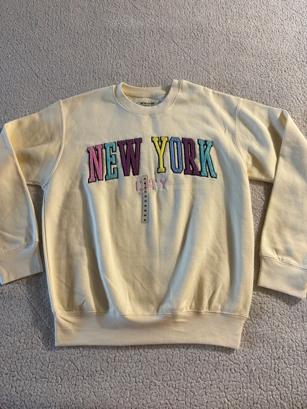 New York Popular Cream Crewneck Sweatshirt with Multicolor "NEW YORK" Embroidery
